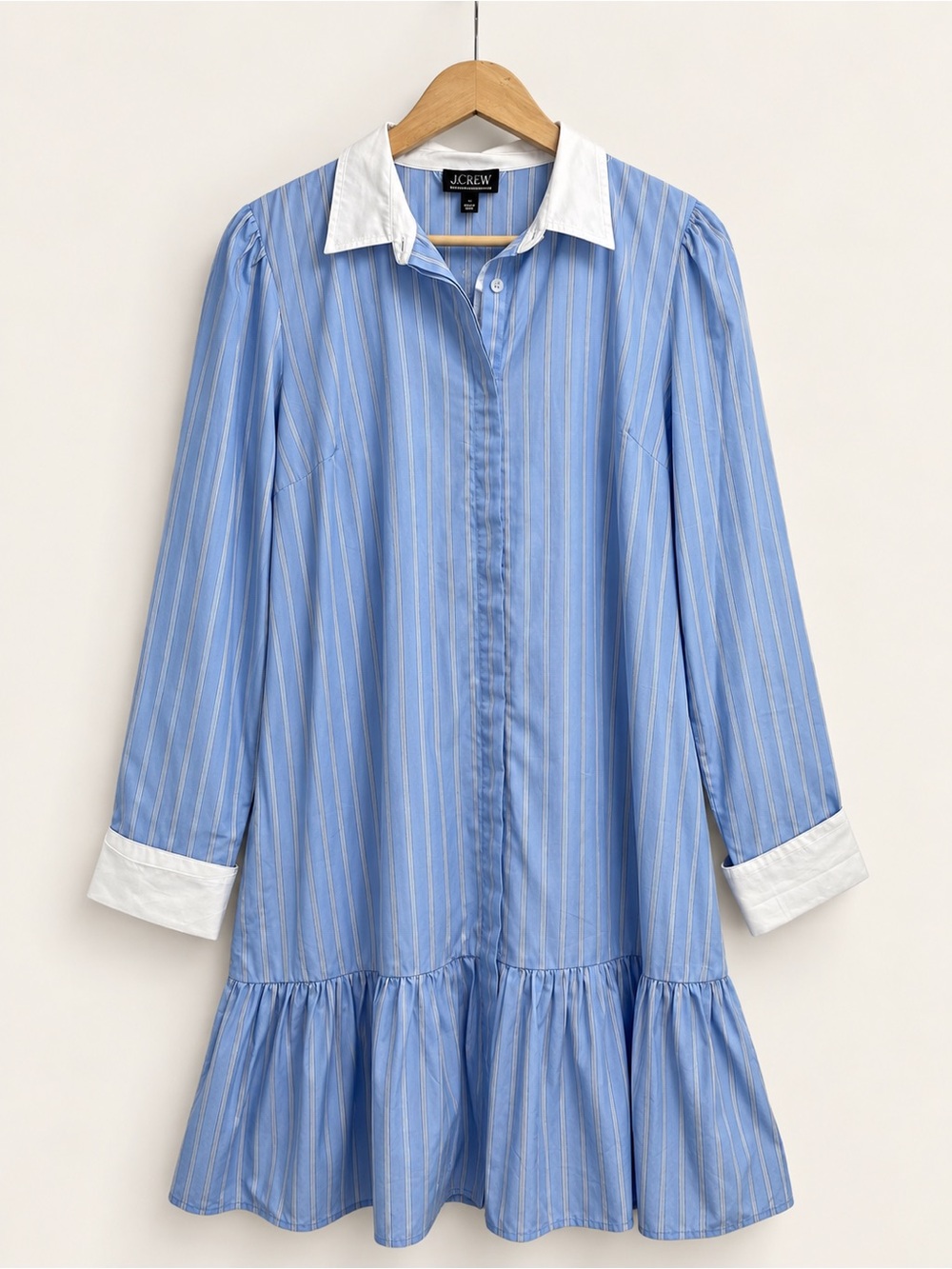 J. Crew Light Blue Striped Long Sleeve Shirt Dress with White Collar